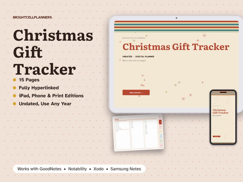 Puede incluir: Un planificador digital de seguimiento de regalos de Navidad mostrado en una pantalla de tableta y tel&eacute;fono inteligente. La interfaz presenta un fondo crema con texto rojo, un encabezado de rayas multicolores e iconos de estrellas. Incluye 15 p&aacute;ginas, hiperv&iacute;nculos y compatibilidad con GoodNotes, Notability, Xodo y Samsung Notes.
