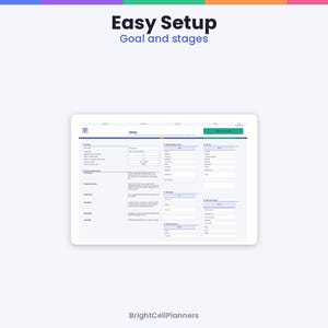 May include: A digital interface display titled Easy Setup Goal and stages, featuring a white screen with dark blue text, organized into sections for settings, page options, and various input fields for data entry and configuration.