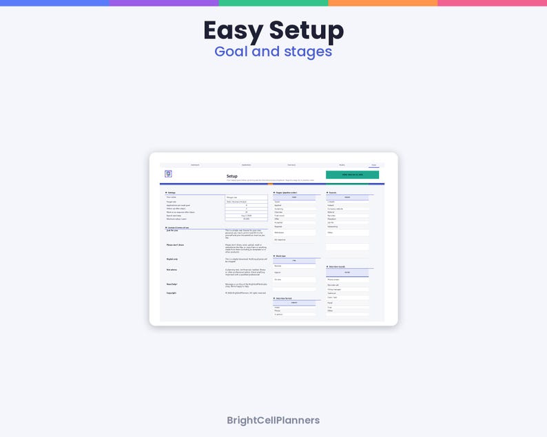 May include: A digital interface display titled Easy Setup Goal and stages, featuring a white screen with dark blue text, organized into sections for settings, page options, and various input fields for data entry and configuration.