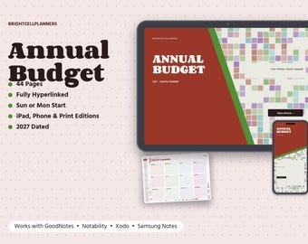 May include: A digital annual budget planner displayed on a tablet and smartphone, featuring a red and green cover with a grid pattern. Text includes 'BRIGHTCELLPLANNERS', 'ANNUAL BUDGET', '2027 - DIGITAL PLANNER', and 'Your money, clearly mapped'.