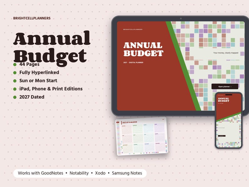 May include: A digital annual budget planner displayed on a tablet and smartphone, featuring a red and green cover with a grid pattern. Text includes 'BRIGHTCELLPLANNERS', 'ANNUAL BUDGET', '2027 - DIGITAL PLANNER', and 'Your money, clearly mapped'.