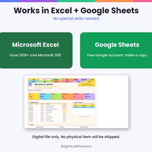 May include: A digital planner interface titled My week at a glance, compatible with Microsoft Excel 2016+ and Google Sheets. The layout features colorful data tables, task lists, and budget trackers on a light background with text labels.