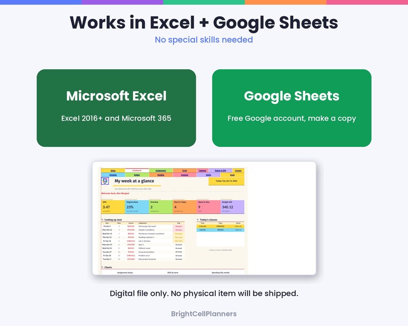 May include: A digital planner interface titled My week at a glance, compatible with Microsoft Excel 2016+ and Google Sheets. The layout features colorful data tables, task lists, and budget trackers on a light background with text labels.