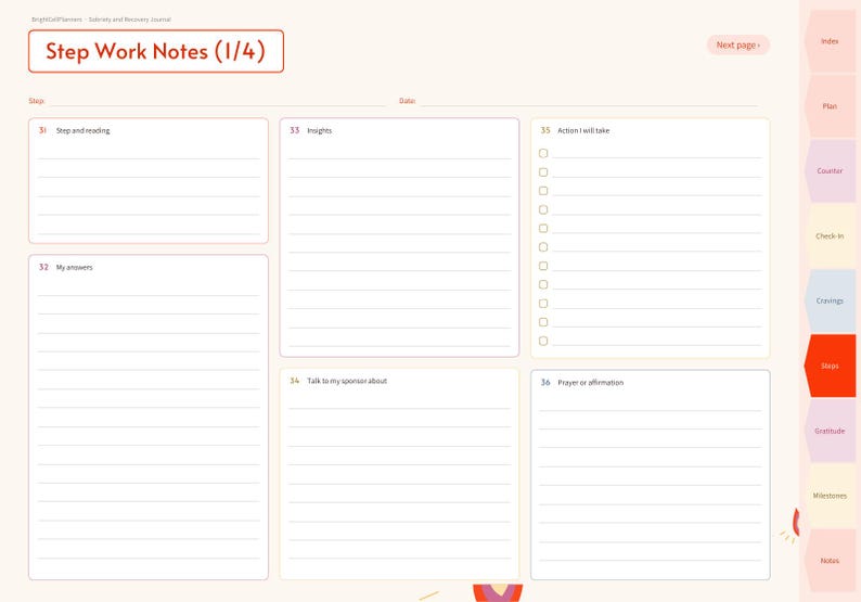May include: A digital planner page titled Step Work Notes (1/4) with sections for Step and reading, My answers, Insights, Action I will take, Talk to my sponsor about, and Prayer or affirmation. The right side features colored navigation tabs.