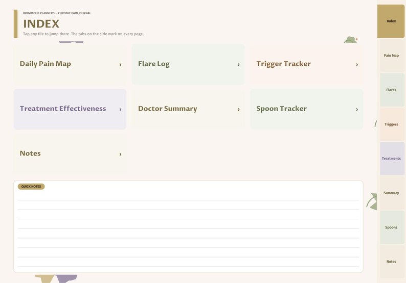 K&ouml;nnte beinhalten: Eine digitale Indexseite f&uuml;r ein Schmerztagebuch mit Navigationskacheln f&uuml;r Daily Pain Map, Flare Log, Trigger Tracker, Treatment Effectiveness, Doctor Summary und Spoon Tracker sowie einem linierten Bereich f&uuml;r Quick Notes.
