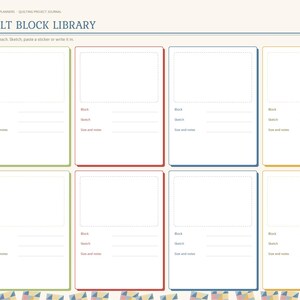 May include: A digital planner page titled Quilt Block Library with eight rectangular frames for sketches and notes. The layout includes side tabs labeled Index, Projects, Slash, Blocks, Cutting, Gifts, and Notes, with a colorful geometric pattern border.