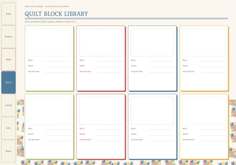 May include: A digital planner page titled Quilt Block Library with eight rectangular frames for sketches and notes. The layout includes side tabs labeled Index, Projects, Slash, Blocks, Cutting, Gifts, and Notes, with a colorful geometric pattern border.