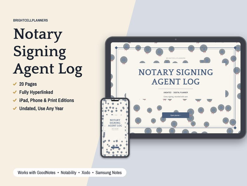 May include: A digital Notary Signing Agent Log planner displayed on a tablet and smartphone screen. The interface features a cream background with blue circular patterns, dark blue text, and a button labeled Open planner. Includes 20 pages, hyperlinks, and compatibility with GoodNotes, Notability, Xodo, and Samsung Notes.