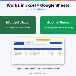 May include: A digital goal planner spreadsheet template compatible with Microsoft Excel 2016+ and Google Sheets. The interface features a blue and white layout with columns for goals, categories, dates, and progress bars. Text includes Works in Excel + Google Sheets, No special skills needed, and BrightCellPlanners.