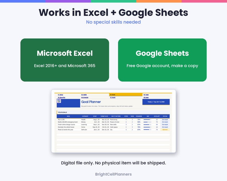 May include: A digital goal planner spreadsheet template compatible with Microsoft Excel 2016+ and Google Sheets. The interface features a blue and white layout with columns for goals, categories, dates, and progress bars. Text includes Works in Excel + Google Sheets, No special skills needed, and BrightCellPlanners.
