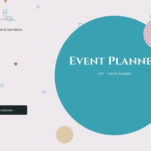 Puede incluir: Una interfaz de planificador de eventos digital con un gran c&iacute;rculo verde azulado con el texto EVENT PLANNER y 2027 DIGITAL PLANNER. El fondo es rosa claro con peque&ntilde;os corazones dispersos y un bot&oacute;n negro que dice Open planner.