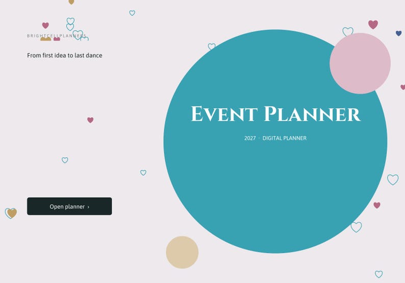 Puede incluir: Una interfaz de planificador de eventos digital con un gran c&iacute;rculo verde azulado con el texto EVENT PLANNER y 2027 DIGITAL PLANNER. El fondo es rosa claro con peque&ntilde;os corazones dispersos y un bot&oacute;n negro que dice Open planner.