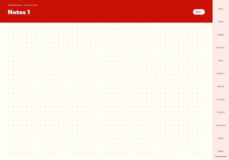 May include: A digital planner page titled Notes 1 with a red header and a white dot grid background. The right side features a vertical navigation tab list including Index, Setup, Weekly, Routines, Ideas, Rotation, Monthly, Rewards, Coupons, Allowance, Bonus, and Notes.