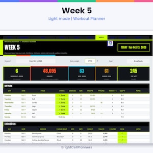 May include: A digital workout planner interface titled Week 5, featuring a light mode layout with black, white, and neon green accents. It displays metrics like 48,695 volume, 63 sets done, and a body weight field showing 179.8 lb for October 13, 2026.