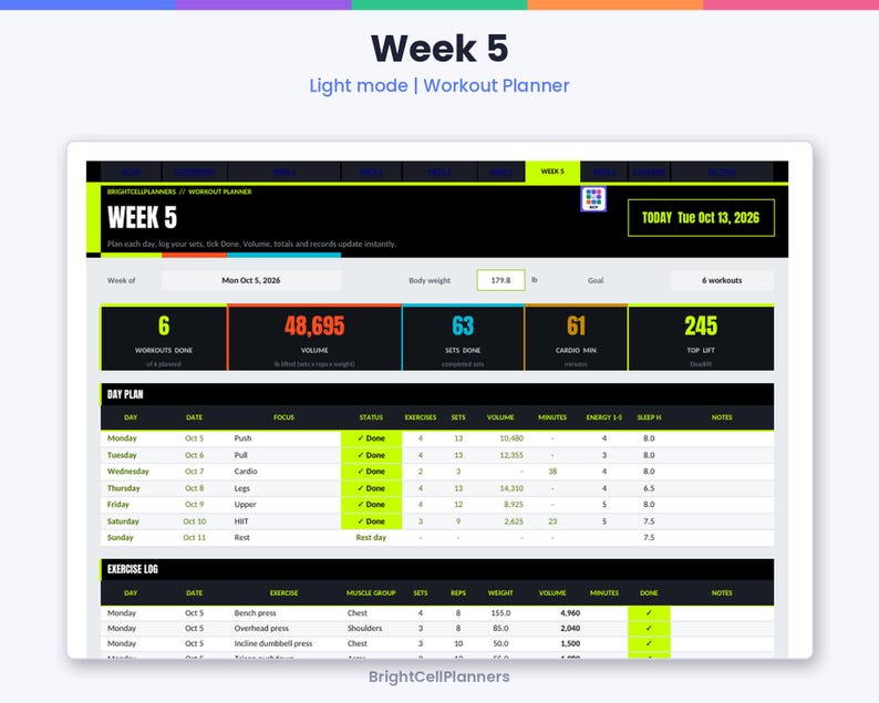 May include: A digital workout planner interface titled Week 5, featuring a light mode layout with black, white, and neon green accents. It displays metrics like 48,695 volume, 63 sets done, and a body weight field showing 179.8 lb for October 13, 2026.