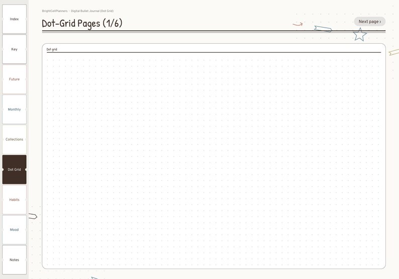 May include: A digital bullet journal page with a dot-grid layout. The interface features a left-hand navigation sidebar with tabs labeled Index, Key, Future, Monthly, Collections, Dot Grid, Habits, Mood, and Notes. The header displays Dot-Grid Pages (1/6).