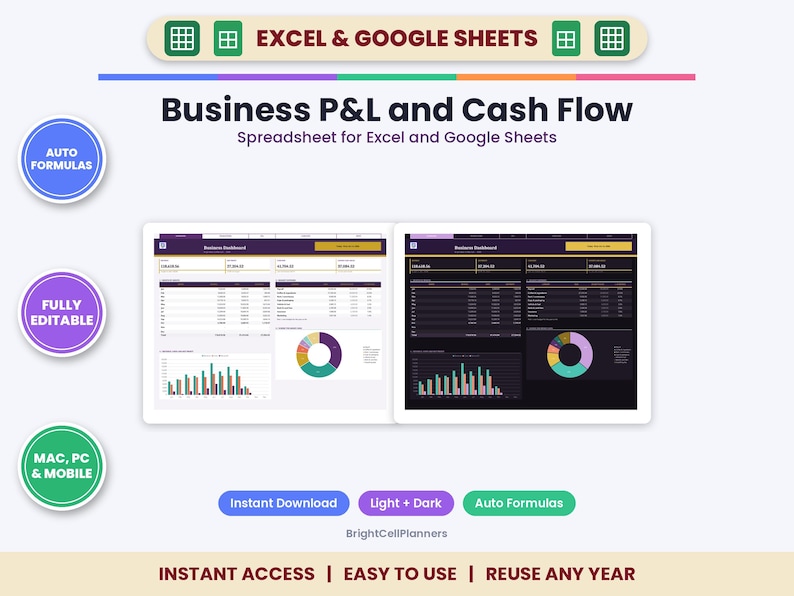 May include: A digital Business P&L and Cash Flow spreadsheet for Excel and Google Sheets. The interface features light and dark modes, auto formulas, and data visualization charts including bar graphs and pie charts. Text includes "Business P&L and Cash Flow".