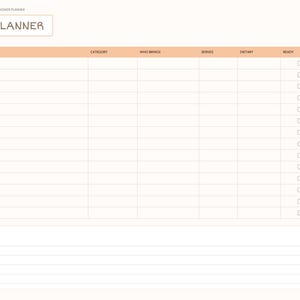 May include: A digital menu planner page with a peach-colored header featuring the text MENU PLANNER. The table includes columns for Dish, Category, Who Brings, Serves, Dietary, and Ready with checkboxes. A notes section is at the bottom.