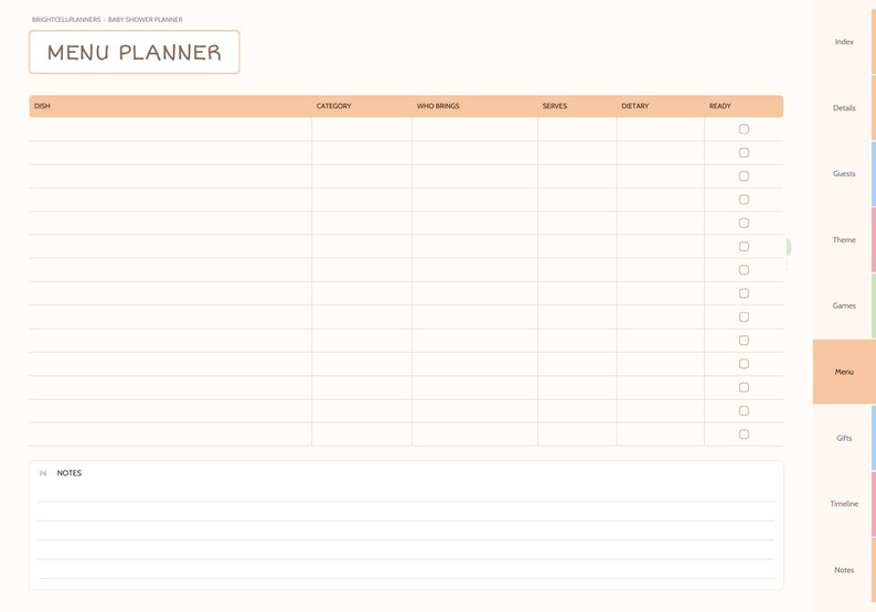 May include: A digital menu planner page with a peach-colored header featuring the text MENU PLANNER. The table includes columns for Dish, Category, Who Brings, Serves, Dietary, and Ready with checkboxes. A notes section is at the bottom.