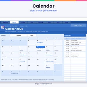 May include: A digital calendar interface titled October 2026 by BrightCellPlanners. The layout features a monthly grid, a sidebar for events and appointments, and navigation tabs. The color scheme uses shades of blue and white throughout.