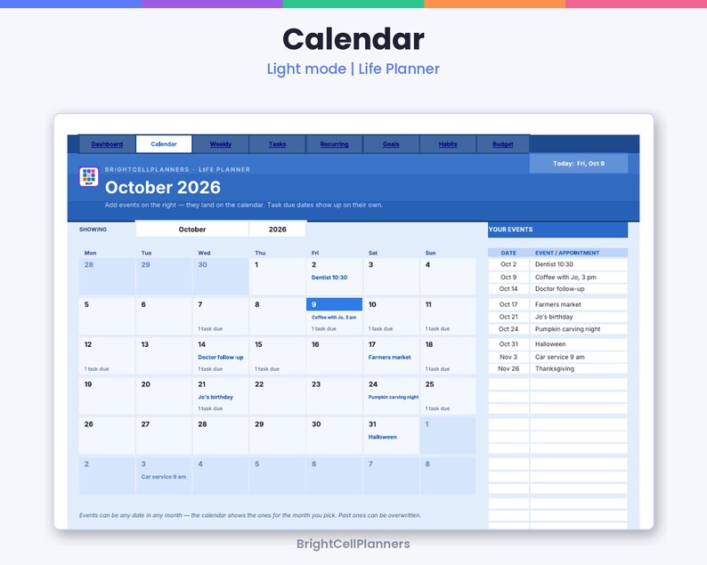 May include: A digital calendar interface titled October 2026 by BrightCellPlanners. The layout features a monthly grid, a sidebar for events and appointments, and navigation tabs. The color scheme uses shades of blue and white throughout.