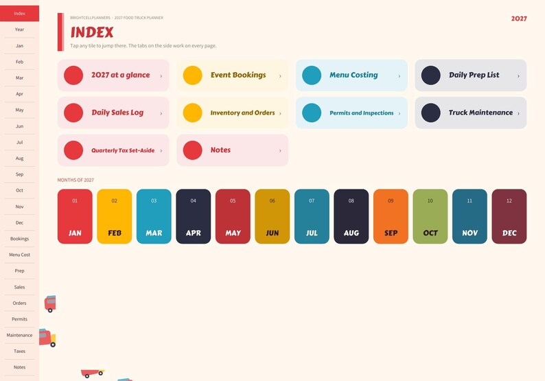 May include: A digital 2027 food truck planner index page featuring a sidebar with navigation tabs. The main area displays categorized buttons for 2027 at a glance, event bookings, menu costing, daily prep list, sales logs, and monthly tabs.