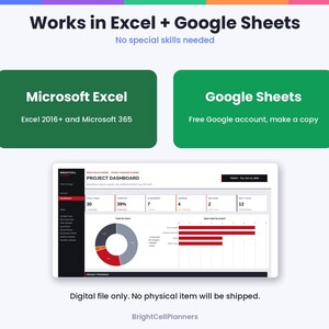 以下が含まれることがあります： Microsoft ExcelおよびGoogle Sheetsと互換性のあるデジタルプロジェクトダッシュボードテンプレート。インターフェースには、ドーナツグラフ、棒グラフ、タスクメトリクスが表示されたプロジェクトダッシュボードが含まれています。テキスト：Works in Excel + Google Sheets, Microsoft Excel, Google Sheets, Project Dashboard。