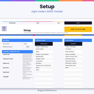 Puede incluir: Una p&aacute;gina de configuraci&oacute;n de rastreador de TDAH digital en modo claro. La interfaz presenta secciones para ajustes, distracciones y estrategias. El texto incluye 'Setup', 'Light mode | ADHD Tracker' y 'BrightCellPlanners'.