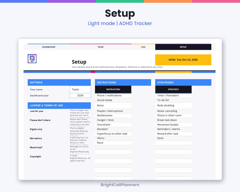 Puede incluir: Una p&aacute;gina de configuraci&oacute;n de rastreador de TDAH digital en modo claro. La interfaz presenta secciones para ajustes, distracciones y estrategias. El texto incluye 'Setup', 'Light mode | ADHD Tracker' y 'BrightCellPlanners'.