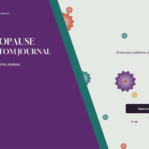 May include: A digital menopause symptom journal with a purple and light gray split background. The text reads BRIGHTCELLPLANNERS, MENOPAUSE SYMPTOM JOURNAL, UNDATED DIGITAL JOURNAL, Know your patterns, own the change, Open journal, and Tap the tabs on any page. Small floral icons are scattered across the light gray area.