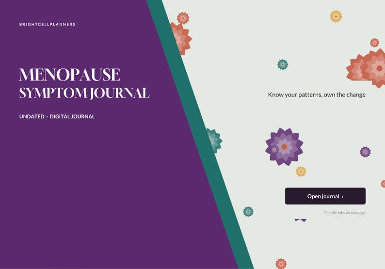 May include: A digital menopause symptom journal with a purple and light gray split background. The text reads BRIGHTCELLPLANNERS, MENOPAUSE SYMPTOM JOURNAL, UNDATED DIGITAL JOURNAL, Know your patterns, own the change, Open journal, and Tap the tabs on any page. Small floral icons are scattered across the light gray area.