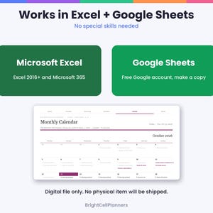 以下が含まれることがあります： Microsoft Excel 2016+およびGoogle Sheetsと互換性のあるデジタル月間カレンダーテンプレート。インターフェースには、タスク項目を含む2026年10月のカレンダービューが表示されています。テキストには、Works in Excel + Google Sheets、No special skills needed、BrightCellPlannersが含まれています。