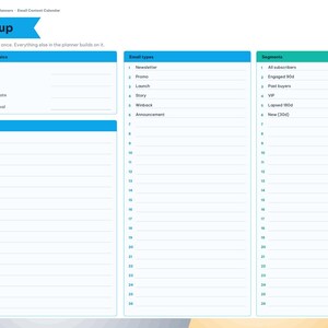 May include: A digital email content calendar planner page for 2027 titled Setup. It features sections for The basics, Email types, and Segments with numbered lists and lined fields. A vertical navigation sidebar lists months and categories in blue and white.
