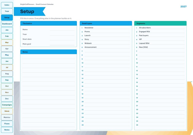 May include: A digital email content calendar planner page for 2027 titled Setup. It features sections for The basics, Email types, and Segments with numbered lists and lined fields. A vertical navigation sidebar lists months and categories in blue and white.