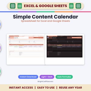 Calendario sencillo de contenido para redes sociales: planificador en Excel y Google Sheets (descarga digital)
