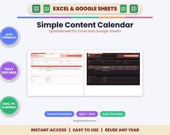 Simple Social Media Content Calendar – Excel & Google Sheets Planner (Digital Download)