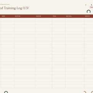 May include: A digital Riding and Training Log page with a cream background and dark red header. The table includes columns for Date, Horse, Discipline, Duration, Focus, Went Well, and Work On. A side navigation bar features tabs for Index, Horses, Farrier, Feed, Riding, Shows, and Notes.