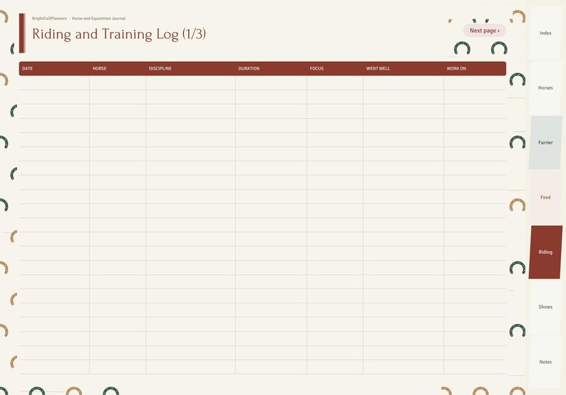 May include: A digital Riding and Training Log page with a cream background and dark red header. The table includes columns for Date, Horse, Discipline, Duration, Focus, Went Well, and Work On. A side navigation bar features tabs for Index, Horses, Farrier, Feed, Riding, Shows, and Notes.