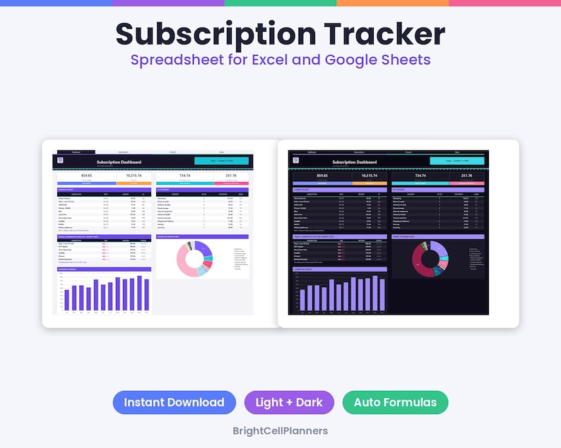 May include: A digital subscription tracker spreadsheet for Excel and Google Sheets featuring light and dark mode dashboards with tables, bar charts, and pie charts. Text includes Subscription Tracker, Spreadsheet for Excel and Google Sheets, Instant Download, Light + Dark, Auto Formulas, and BrightCellPlanners.