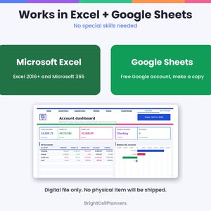 Puede incluir: Una plantilla de hoja de c&aacute;lculo digital para panel de control de cuentas compatible con Microsoft Excel 2016+ y Google Sheets. La interfaz muestra datos financieros, incluyendo saldo total, ingresos, gastos y saldos con gr&aacute;ficos.