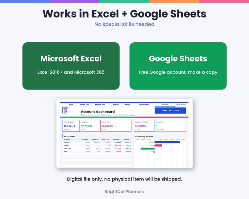 Puede incluir: Una plantilla de hoja de c&aacute;lculo digital para panel de control de cuentas compatible con Microsoft Excel 2016+ y Google Sheets. La interfaz muestra datos financieros, incluyendo saldo total, ingresos, gastos y saldos con gr&aacute;ficos.