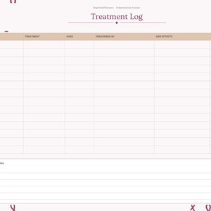 May include: A digital treatment log planner page with a light pink background and dark pink ribbon patterns. The header reads Treatment Log. Columns include Start, Treatment, Dose, Prescribed By, Side Effects, and Helping. Includes a notes section.
