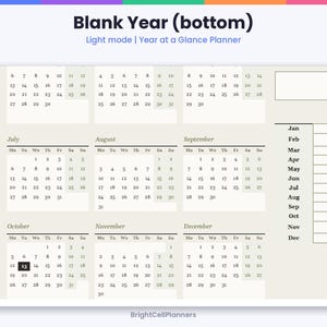 K&ouml;nnte beinhalten: Eine digitale Planerseite mit dem Titel Blank Year (bottom) Light mode | Year at a Glance Planner. Sie zeigt Kalender von Juli bis Dezember mit einer Seitenleiste f&uuml;r die Monate und einem leeren Feld. Die Zahl 13 ist schwarz hervorgehoben.