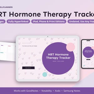 May include: A digital HRT Hormone Therapy Tracker planner displayed on a tablet and smartphone, featuring a light pink background with chemical structure patterns, purple circular accents, and text including 20 Pages and Fully Hyperlinked.
