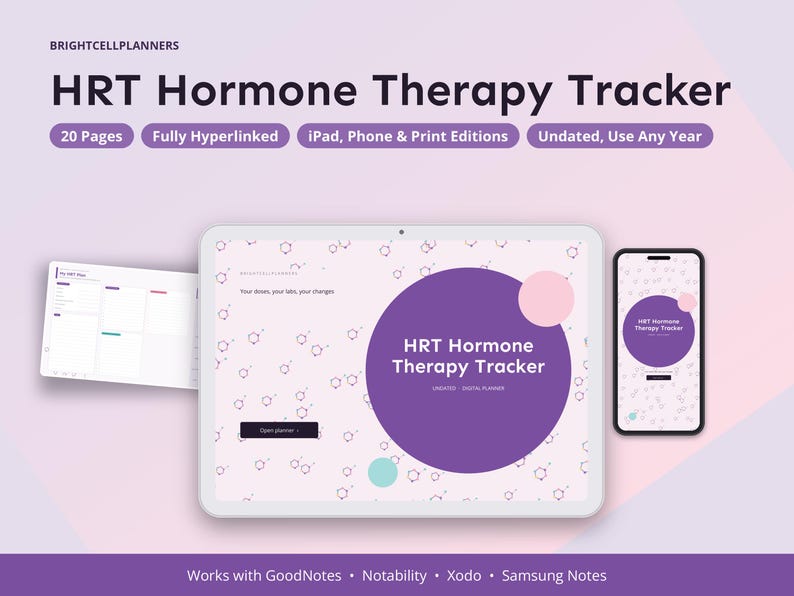 May include: A digital HRT Hormone Therapy Tracker planner displayed on a tablet and smartphone, featuring a light pink background with chemical structure patterns, purple circular accents, and text including 20 Pages and Fully Hyperlinked.