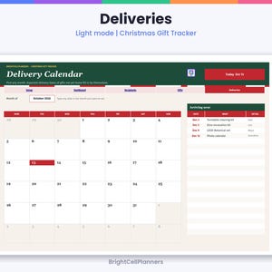 Puede incluir: Una interfaz digital de calendario de entregas de regalos de Navidad con encabezado verde oscuro, detalles en rojo y una cuadr&iacute;cula blanca. La pantalla muestra octubre de 2026, una lista de pr&oacute;ximas entregas y pesta&ntilde;as de navegaci&oacute;n.