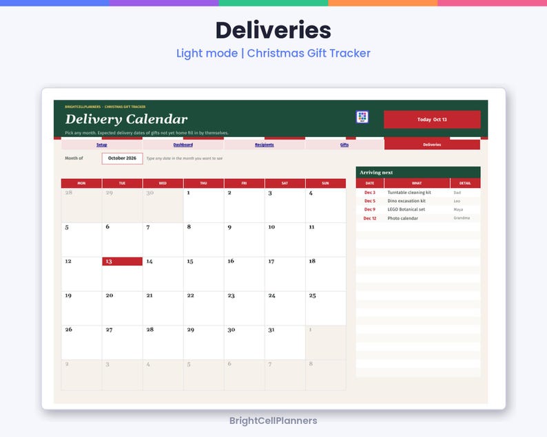 Puede incluir: Una interfaz digital de calendario de entregas de regalos de Navidad con encabezado verde oscuro, detalles en rojo y una cuadr&iacute;cula blanca. La pantalla muestra octubre de 2026, una lista de pr&oacute;ximas entregas y pesta&ntilde;as de navegaci&oacute;n.