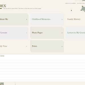 May include: A digital index page for a life story and grandparent memory journal. The layout features a sidebar with navigation tabs and a main area with clickable tiles labeled All About Me, Childhood Memories, Family History, Life Lessons, Photo Pages, Letters to My Grandchildren, Family Tree, and Notes, plus a Quick Notes section.