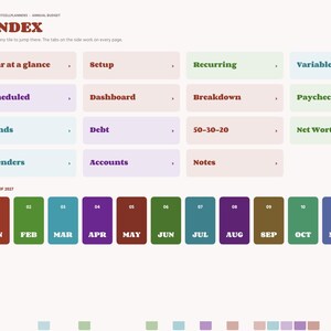 May include: A digital annual budget planner index page for 2027 featuring a navigation sidebar with tabs for months and categories. The layout includes clickable buttons for sections like Year at a glance, Setup, Recurring, Variable, Scheduled, Dashboard, Breakdown, Paycheck, Funds, Debt, 50-30-20, Net Worth, Spenders, Accounts, and Notes.