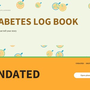 May include: A digital diabetes log book planner with a light cream background featuring orange and teal citrus slice patterns. The text reads BRIGHTCELLPLANNERS, DIABETES LOG BOOK, Numbers that tell your story, UNDATED, and Open planner.